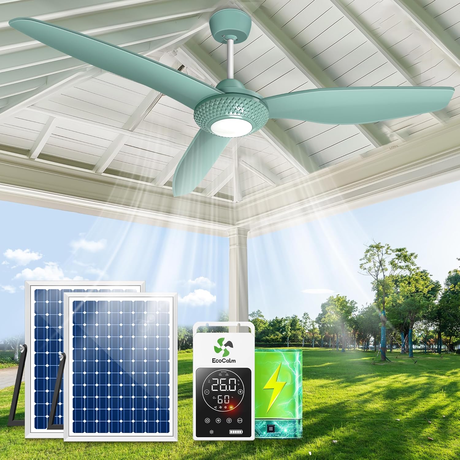 Solar Outdoor Ceiling Fan with Light 52 Inch