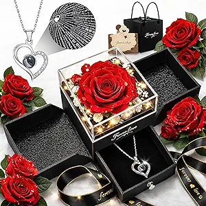 Preserved Real Rose Gift Set with “I Love You” Heart Necklace