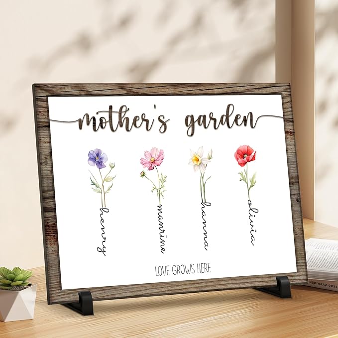 Personalized Birth Flower Wooden Plaque – Custom Name Sign for Mom & Grandma