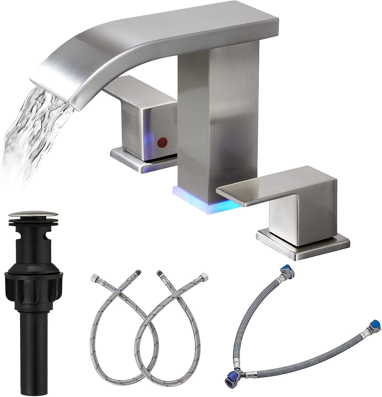 Brushed Nickel LED Waterfall Widespread Faucet