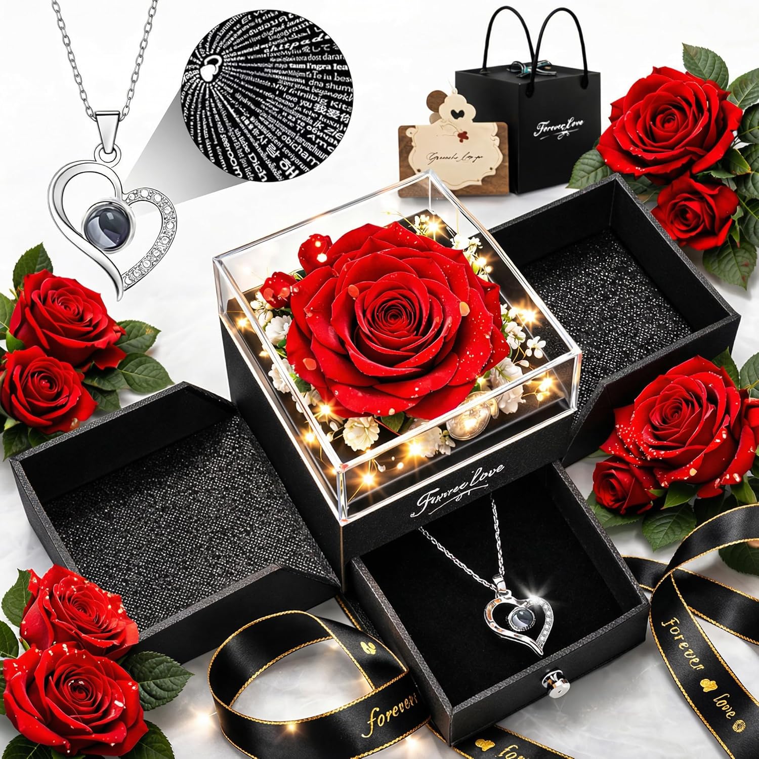Preserved Real Rose With Heart Necklace