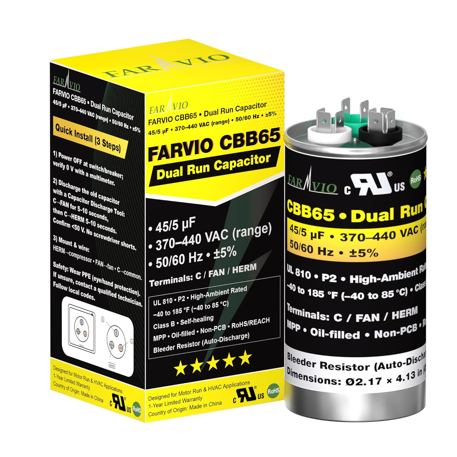FARVIO CBB65B Dual Run AC Capacitor (45/5 MFD)