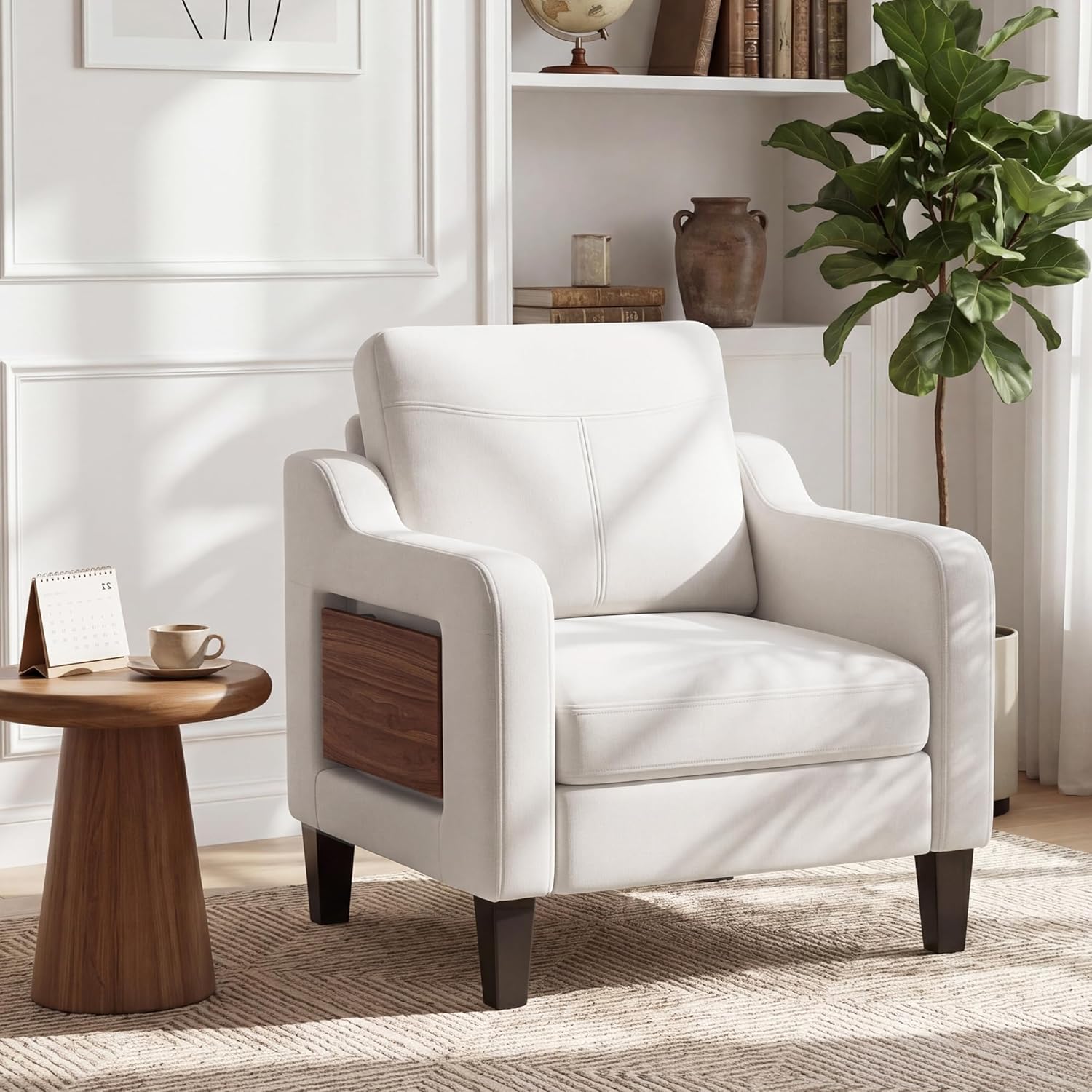 Mid-Century Upholstered Accent Chair with Integrated Table (Beige)