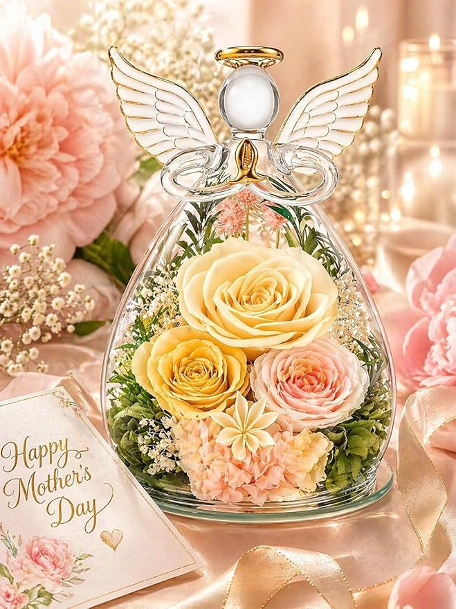 Preserved Rose in Glass Angel Figurine