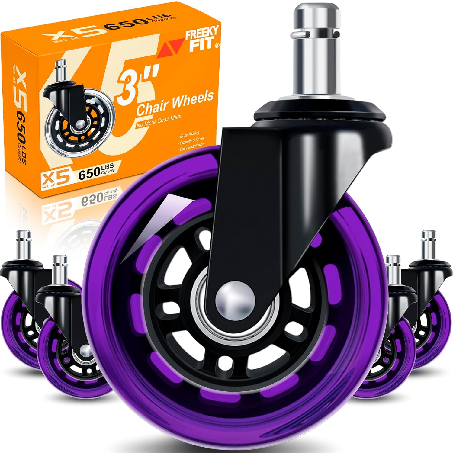 Premium 3″ Rubber Office Chair Caster Wheels (Set of 5 – Purple)