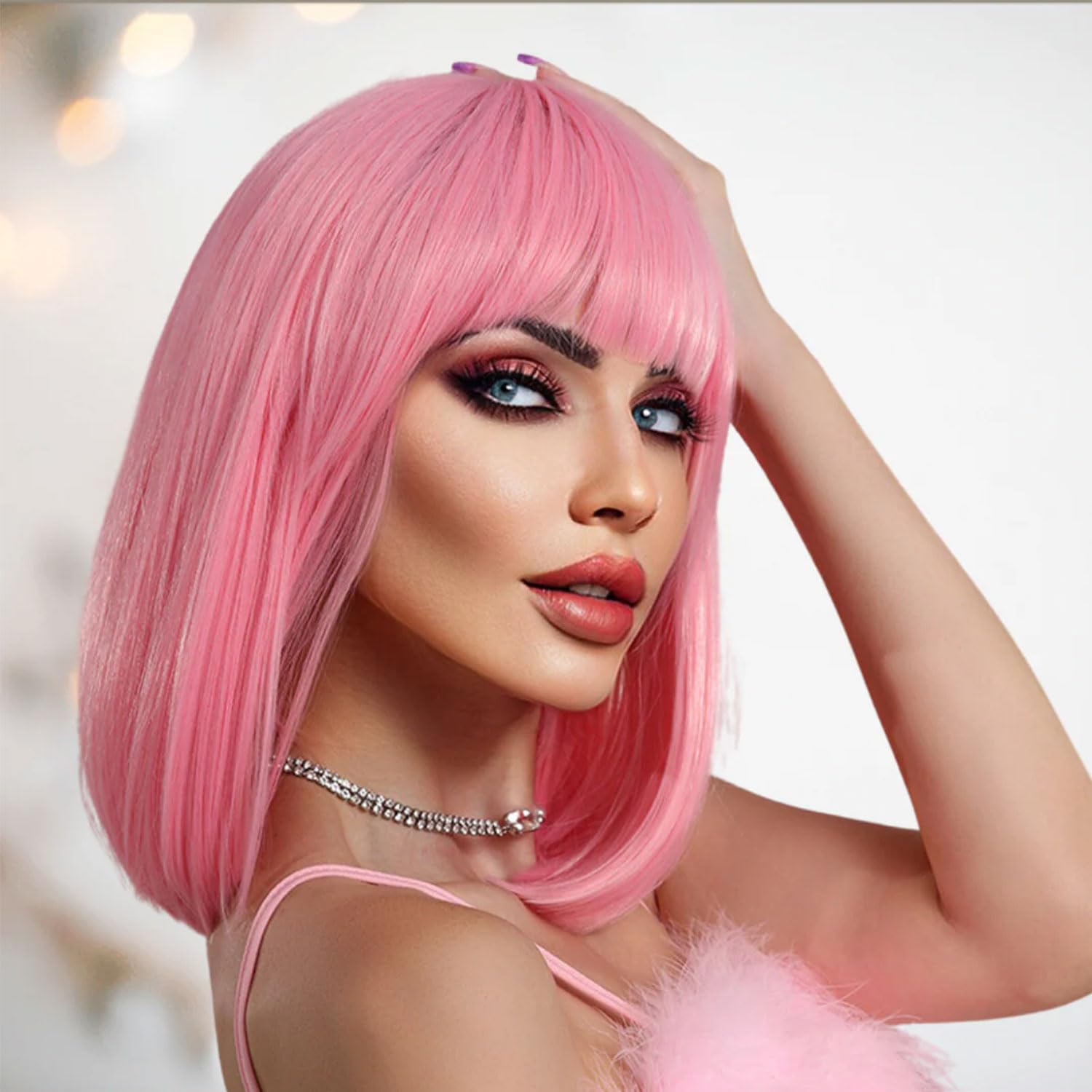 Short Pink Synthetic Bob Wig with Bangs