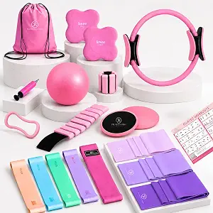 Pilates Kit for Women 22-in-1 Equipment Set with 14.5″ Ring Resistance Bands Ball