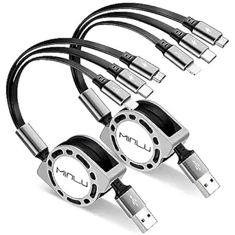 2 Pack 4ft Retractable Multi Charging Cable 3A 3 in 1 Fast USB Charger Cord