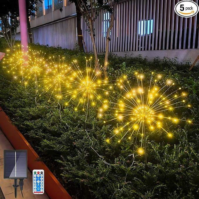 Solar Garden Firework Lights Outdoor 5 Pack 600 LED Waterproof Sparklers Warm White