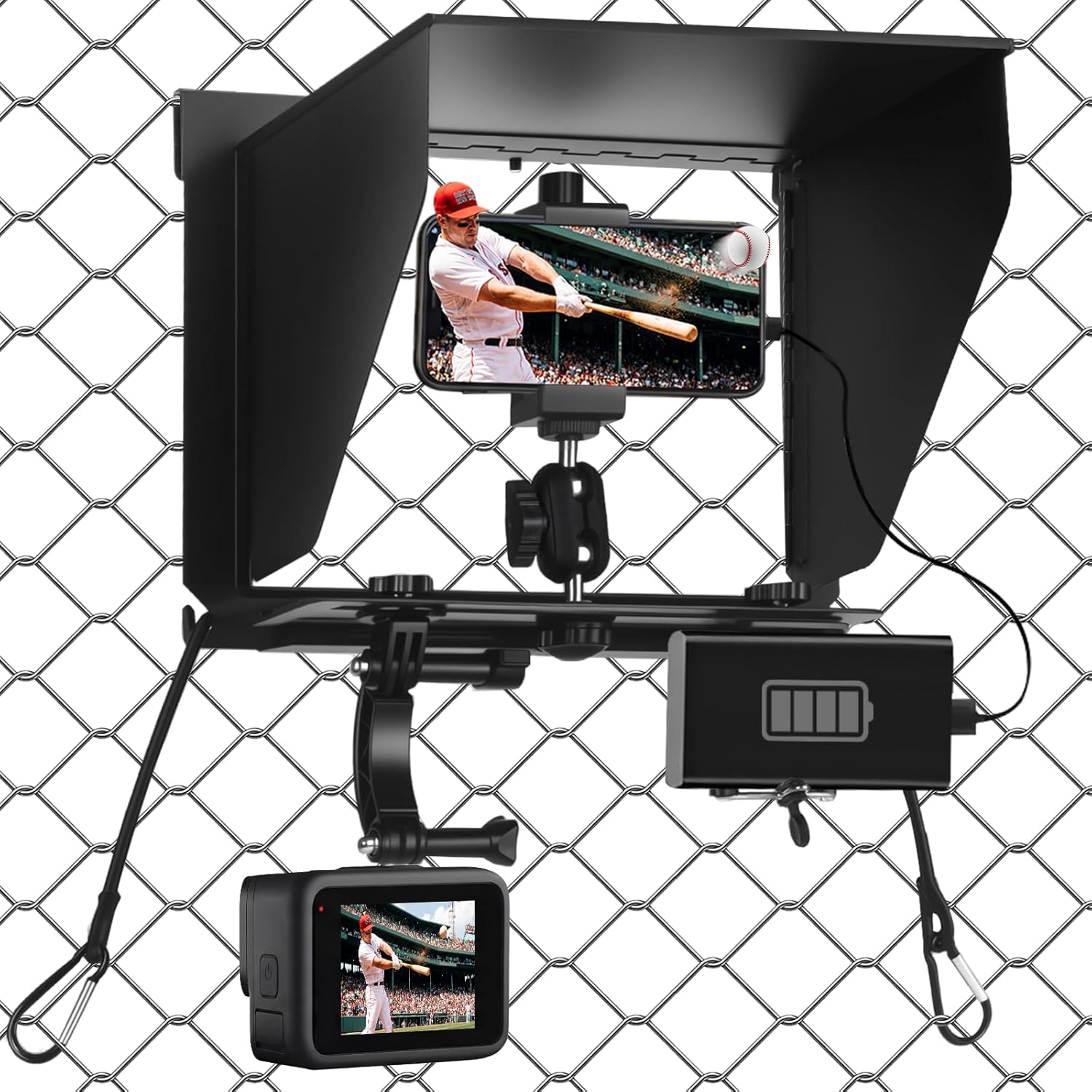 Cell Phone Fence Mount with Sun Shade – Game Changer Recording Kit for iPhone, GoPro, Mevo Start & Action Cameras (Matte Black)