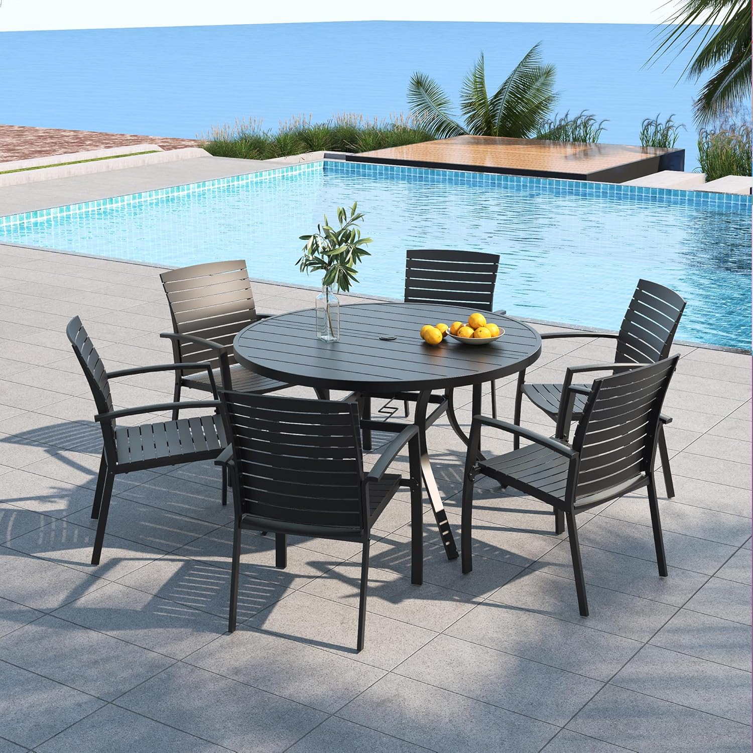 7 Piece Outdoor Patio Round Dining Table and Stackable Aluminum Chairs Set
