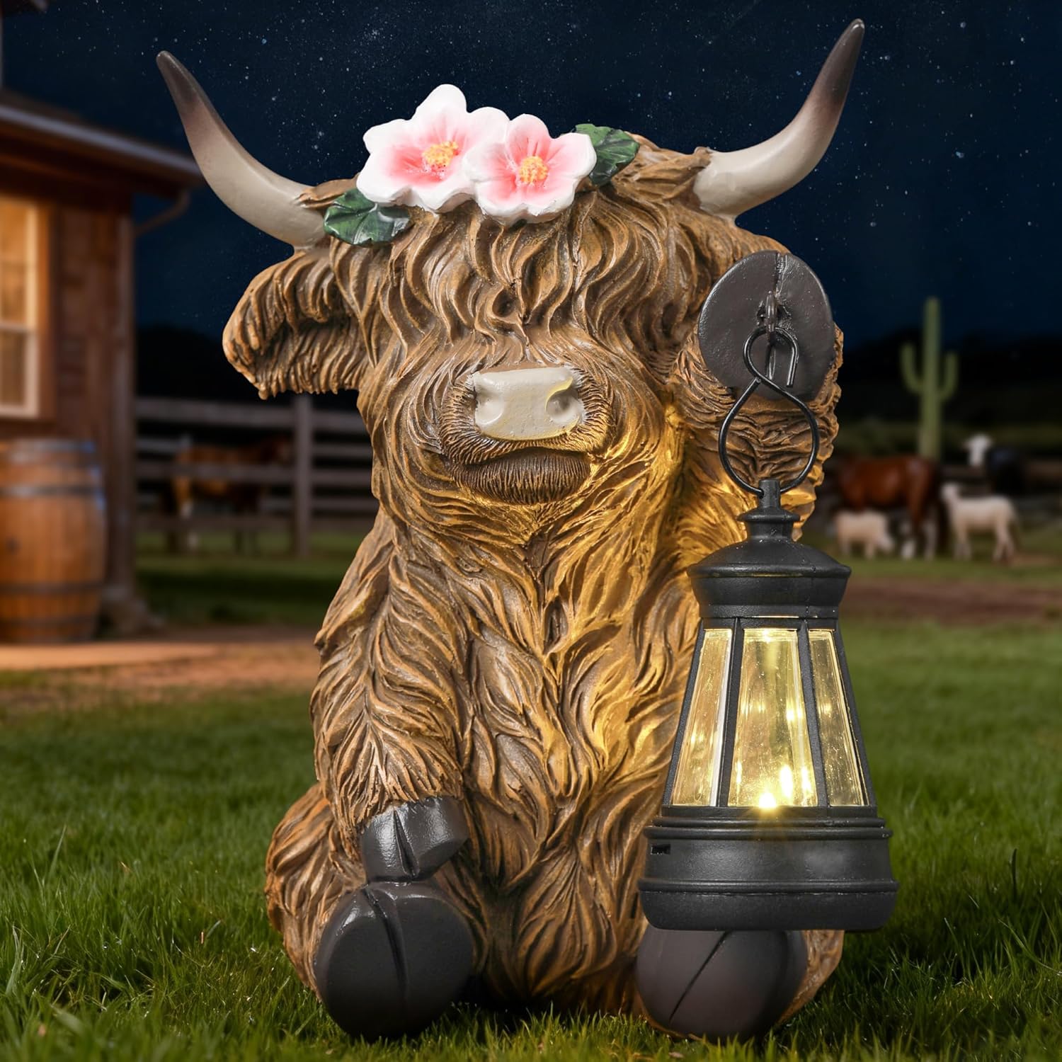 Solar Highland Cow Garden Statue with LED Light