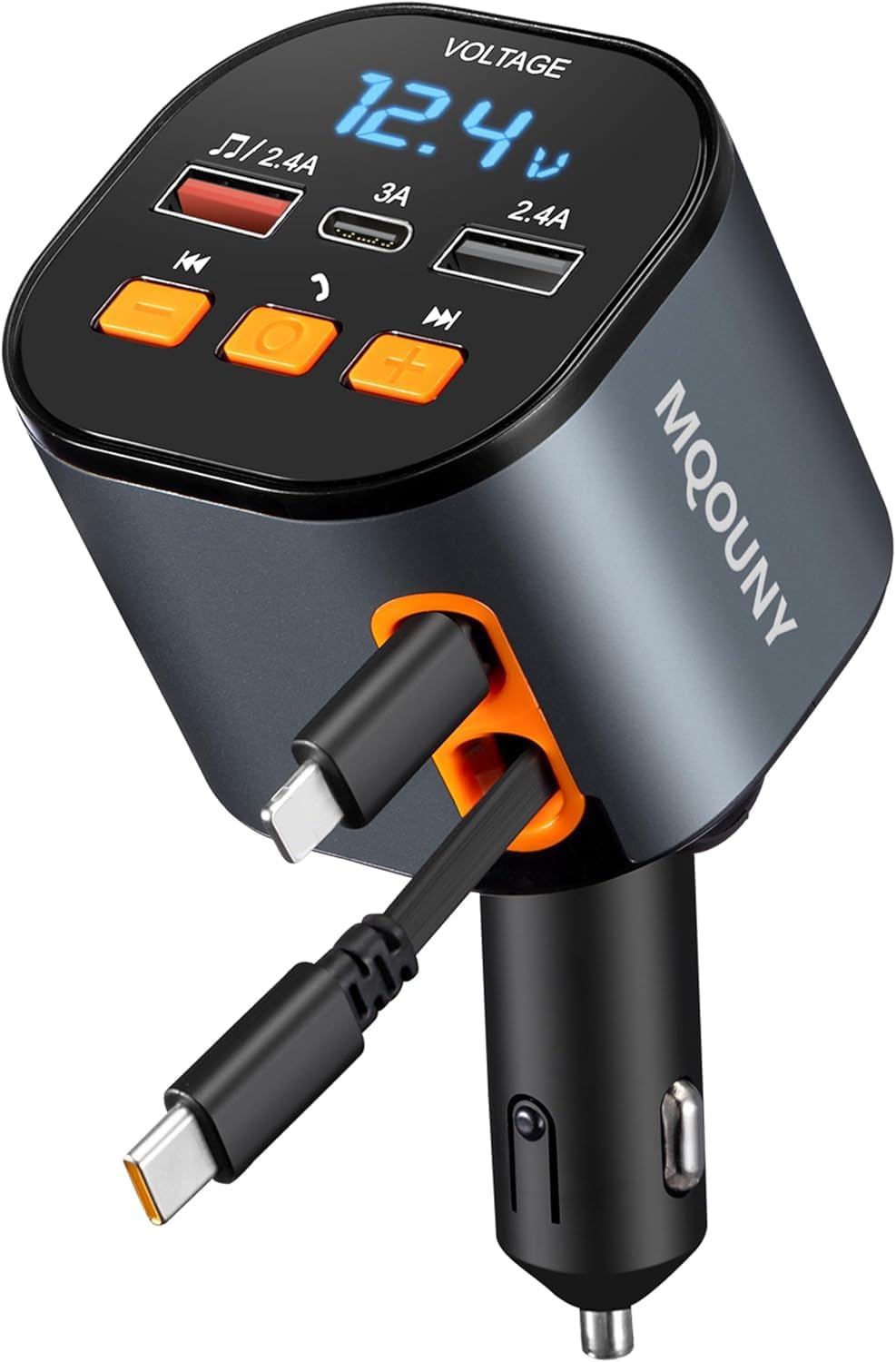 Retractable Car Charger 5 in 1 90W Fast Phone Adapter Bluetooth 5.3 FM Transmitter