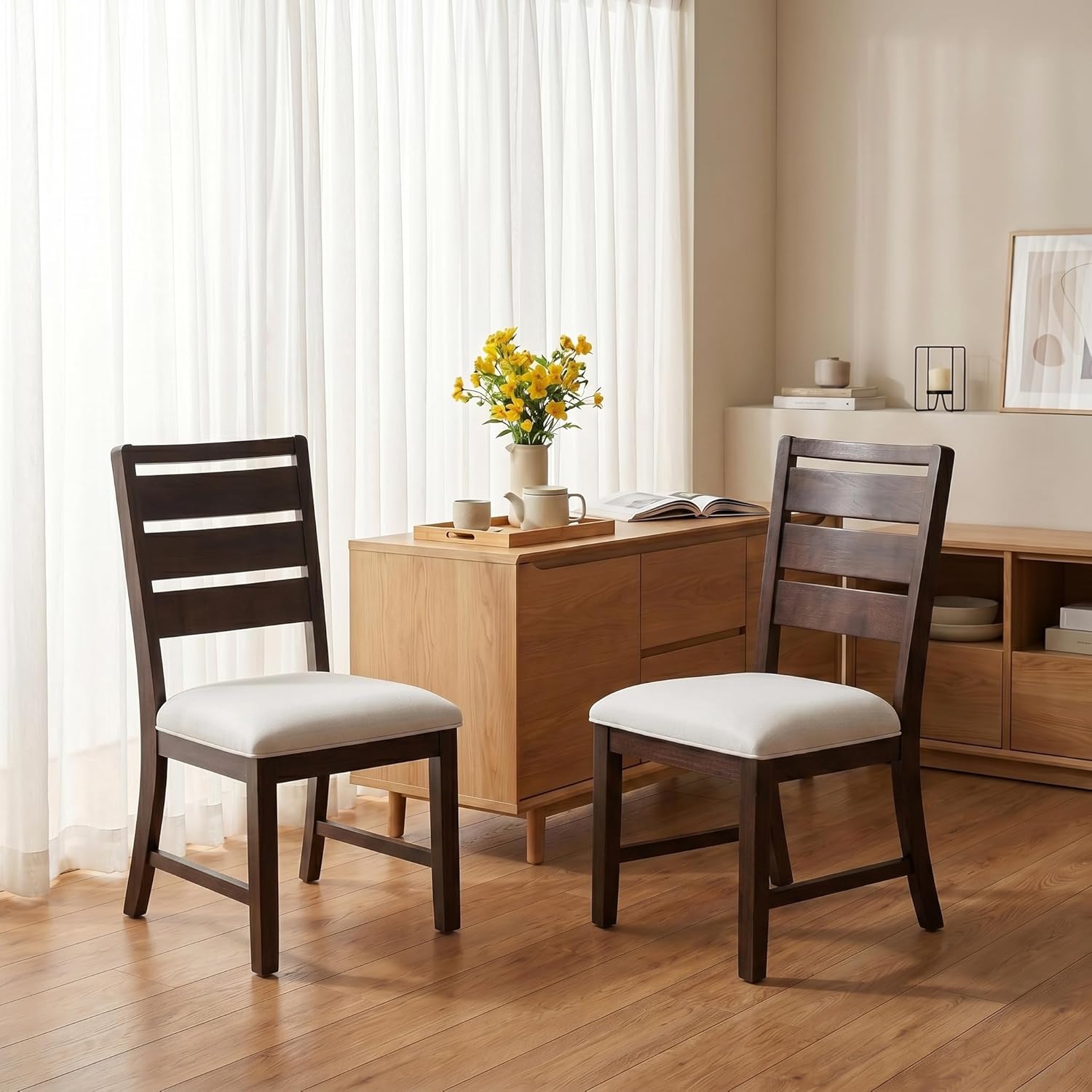 COLAMY Modern Dining Chairs Set of 2 Brown Fabric Kitchen Accent Seating Wood Legs