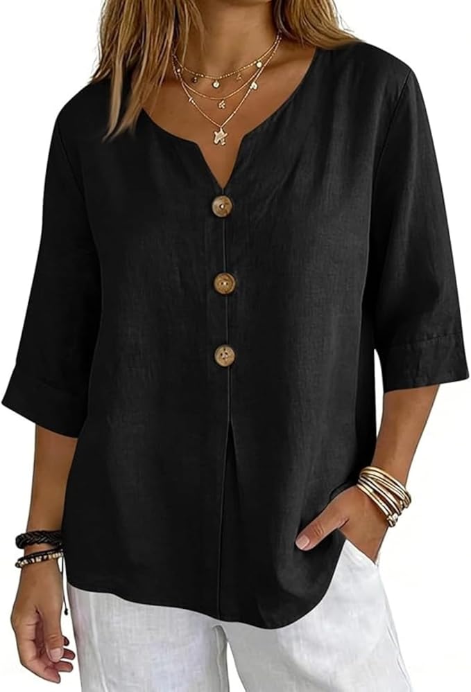 Cotton Linen Tops for Women Casual 3/4 Sleeve Button Down V Neck Blouses