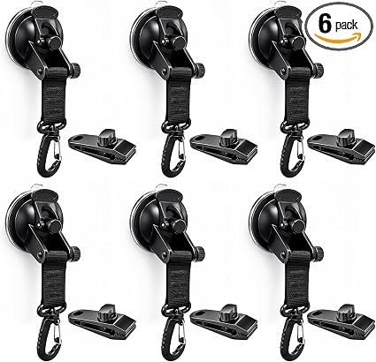 Heavy Duty Suction Cup 6 Pcs with Hooks and 6 Pcs Tarp Clips Lock Grip