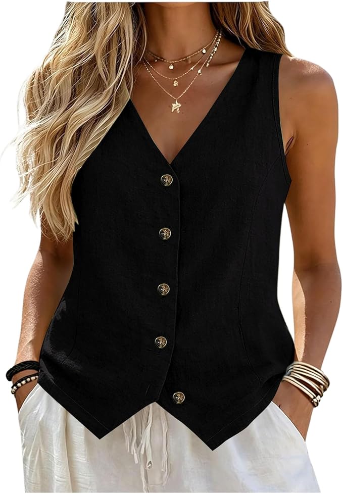 Womens Vest Top Cotton Linen Button Down Sleeveless Summer Fashion 2026