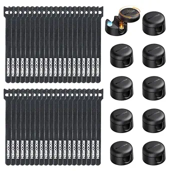 Rocoren 50 PCS Cable Management Kit 10 Magnetic Clips 40 Reusable Straps