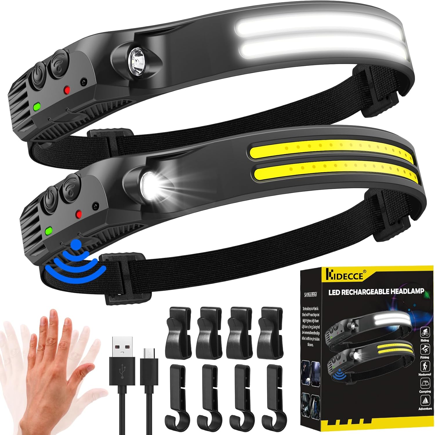 Headlamp Rechargeable 2 Pack 230° Wide Beam 2000 Lumen LED Head Lamp with Motion Sensor