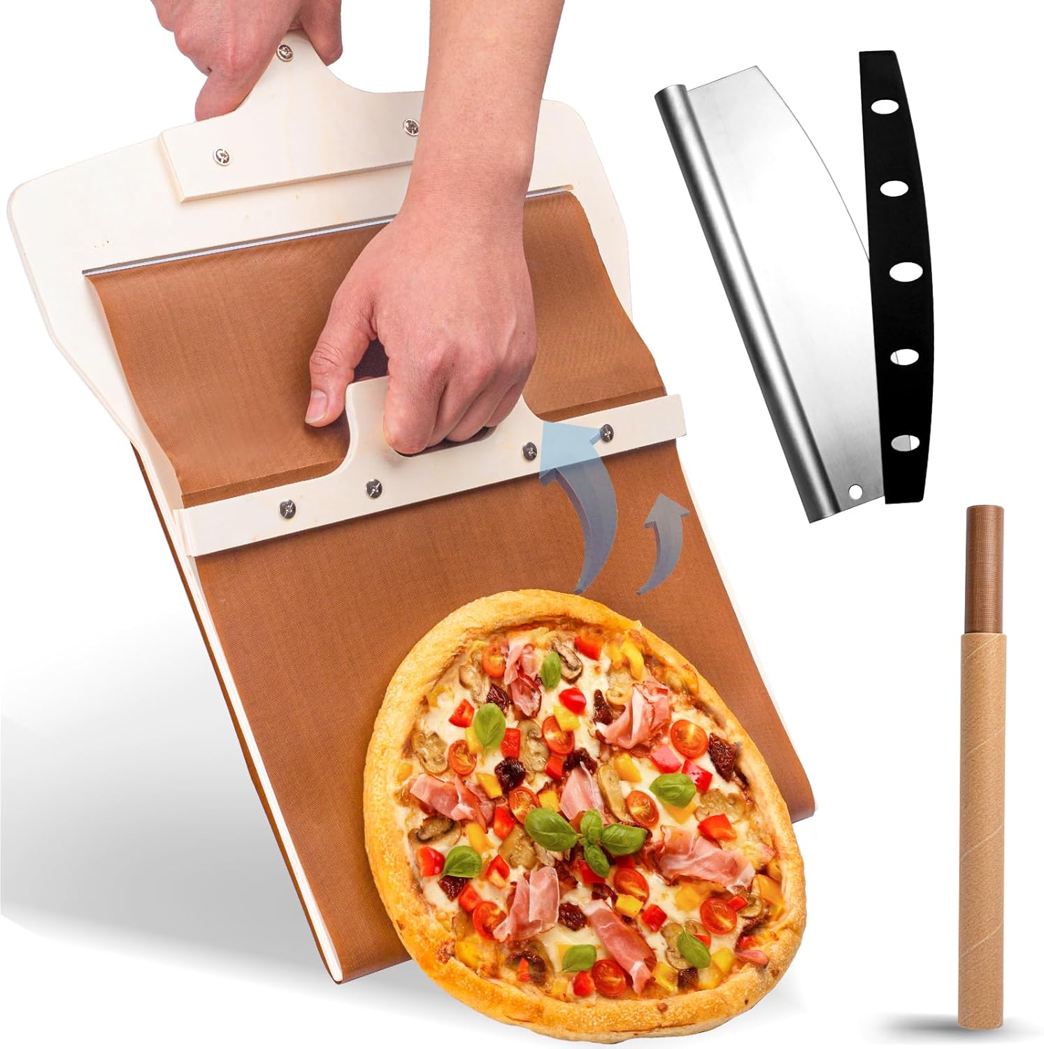 Sliding Pizza Peel with Pizza Cutter Rocker 12 Inch Wood Non Stick Slider Paddle