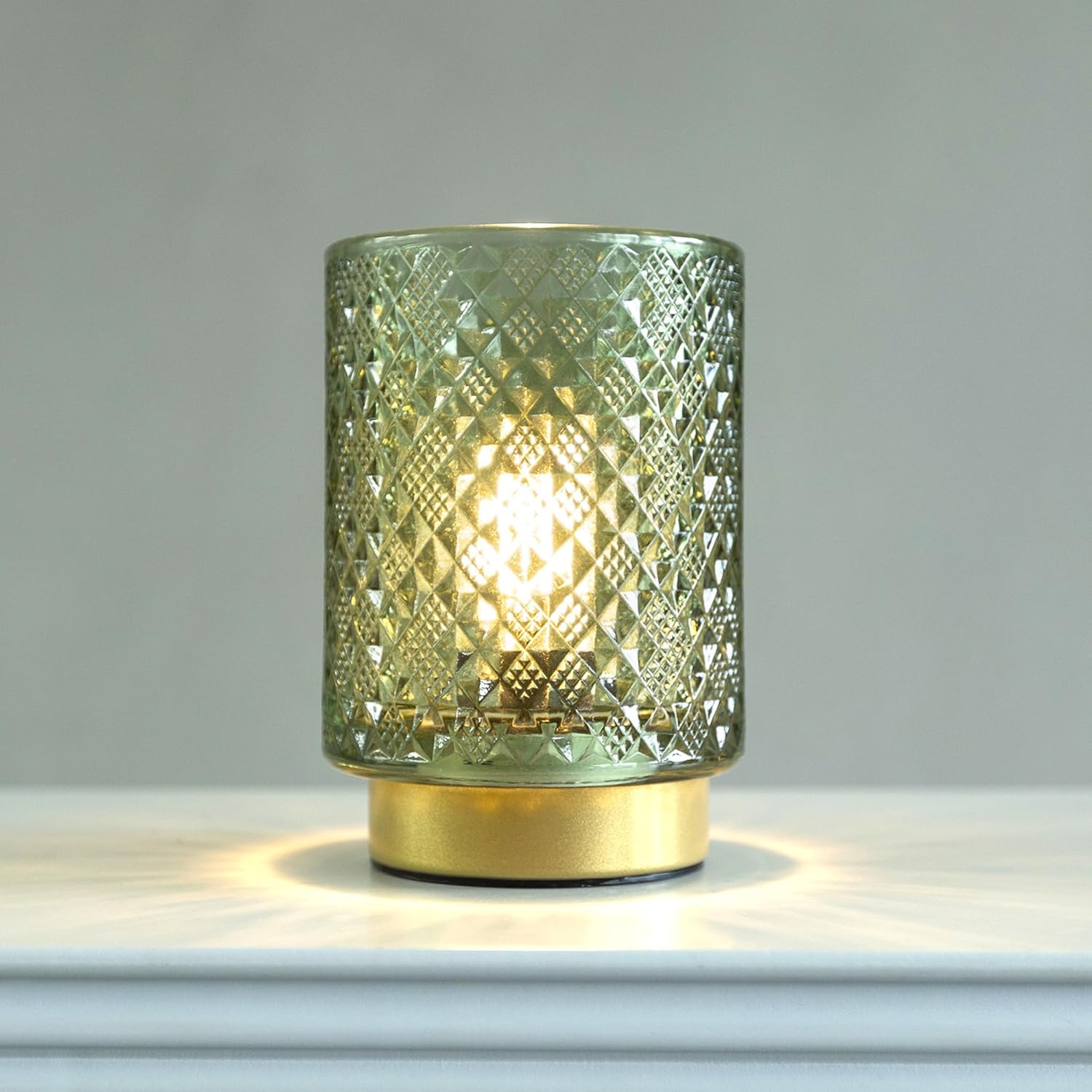 Battery Operated Lamp with Timer Small Glass Cordless Green Diamond Design