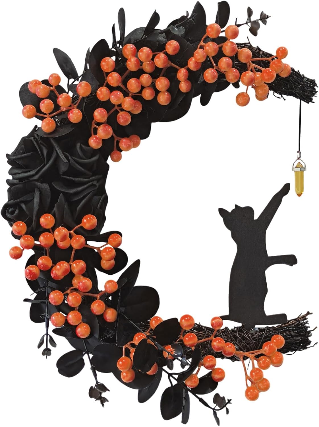 Spooky Halloween Wreath with Lights – Black Cat Moon Door Decor