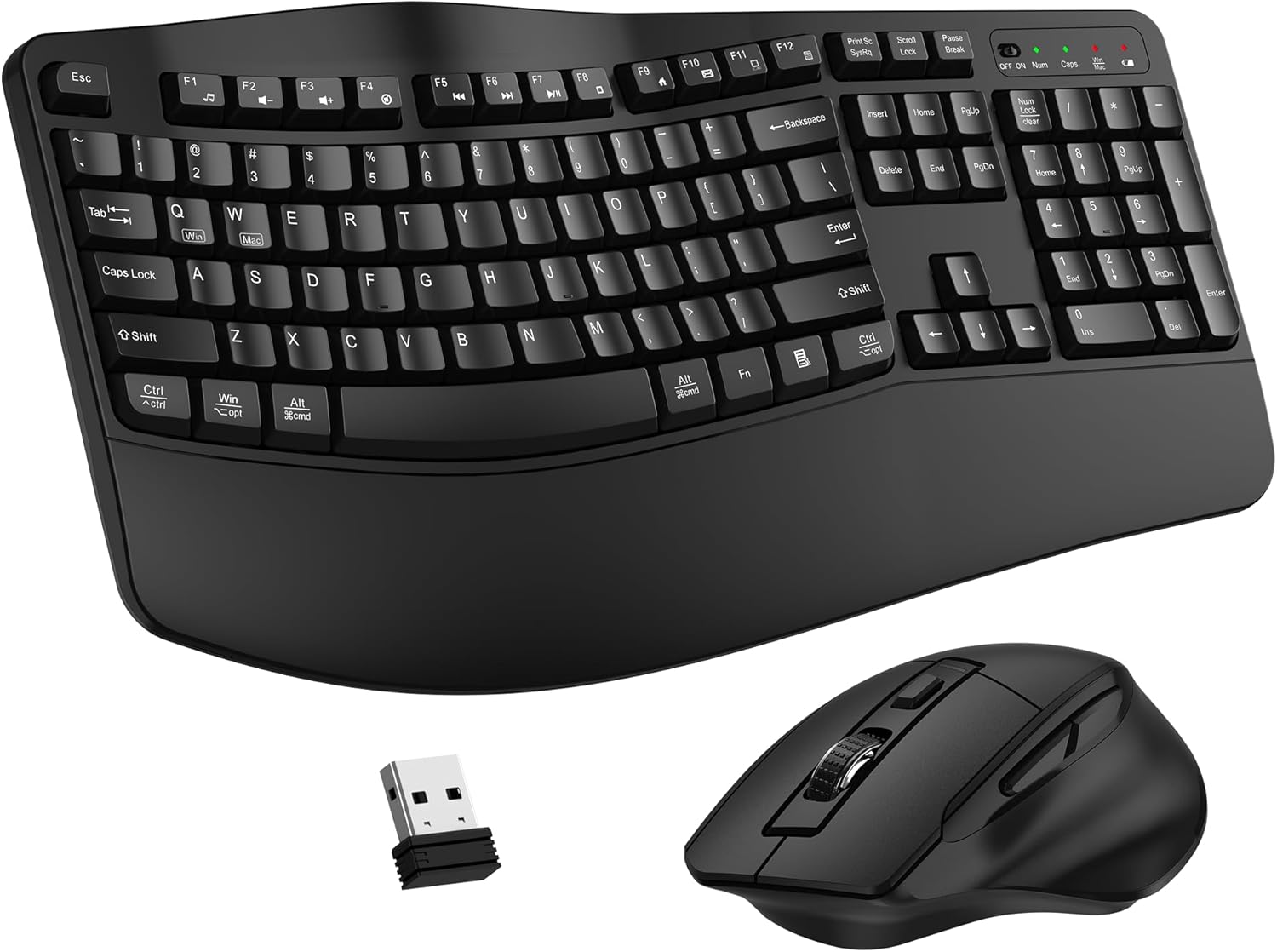 Wireless Ergonomic Keyboard and Mouse Combo with Wave Keys & Wrist Rest (Black)