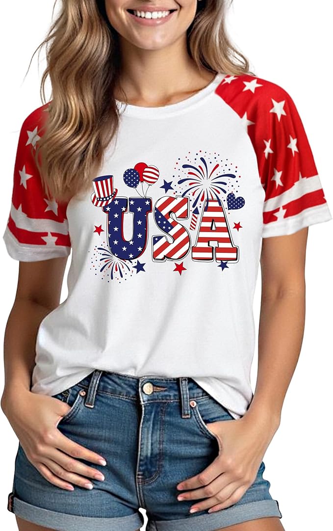 XLIEVO Women 4th of July USA Color Blocking American Flag Crew Neck Graphic Tee