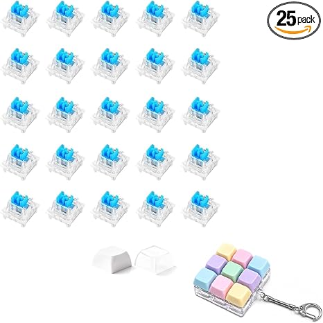 25-Pack Blue Clicky Mechanical Switches for 3D Printers with 2 Bonus Keycaps