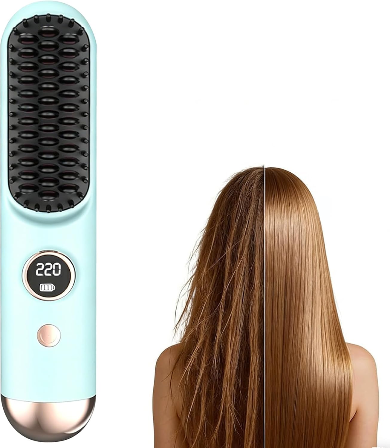 Cordless Hair Straightener Brush Mini Portable Flat Iron Comb (Light Blue)