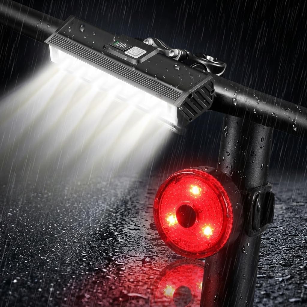 Super Bright Dual-Row LED Bike Lights Set with LCD Display & USB Rechargeable Front/Back Lights