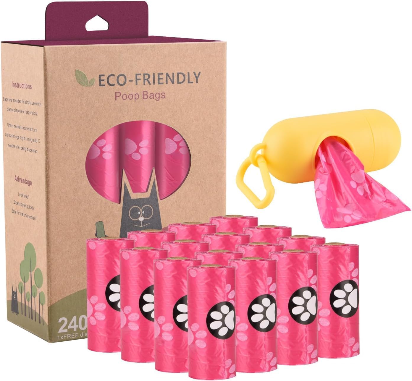 WDFAACK Biodegradable Dog Poo Bags with Holder 240 Large Compostable Pink