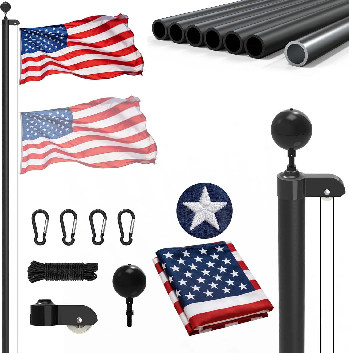 25FT Aluminum Flag Pole Kit for Outside House 3×5 Embroidered American Flag