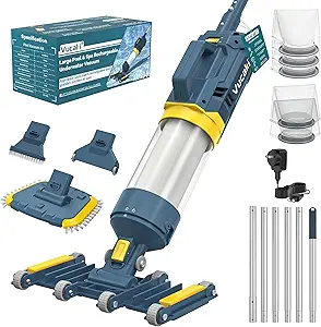 Vucaki 5 in 1 Cordless Pool Vacuum 14″ 8 Wheel Head 10.8FT Telescopic Pole 70Min Runtime