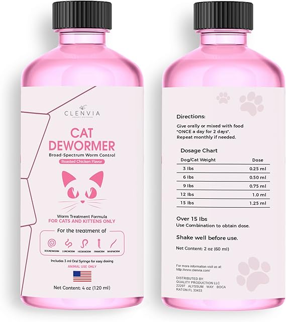 Liquid Cat Dewormer for Cats & Kittens – Chicken Flavor (120ml with Syringe)