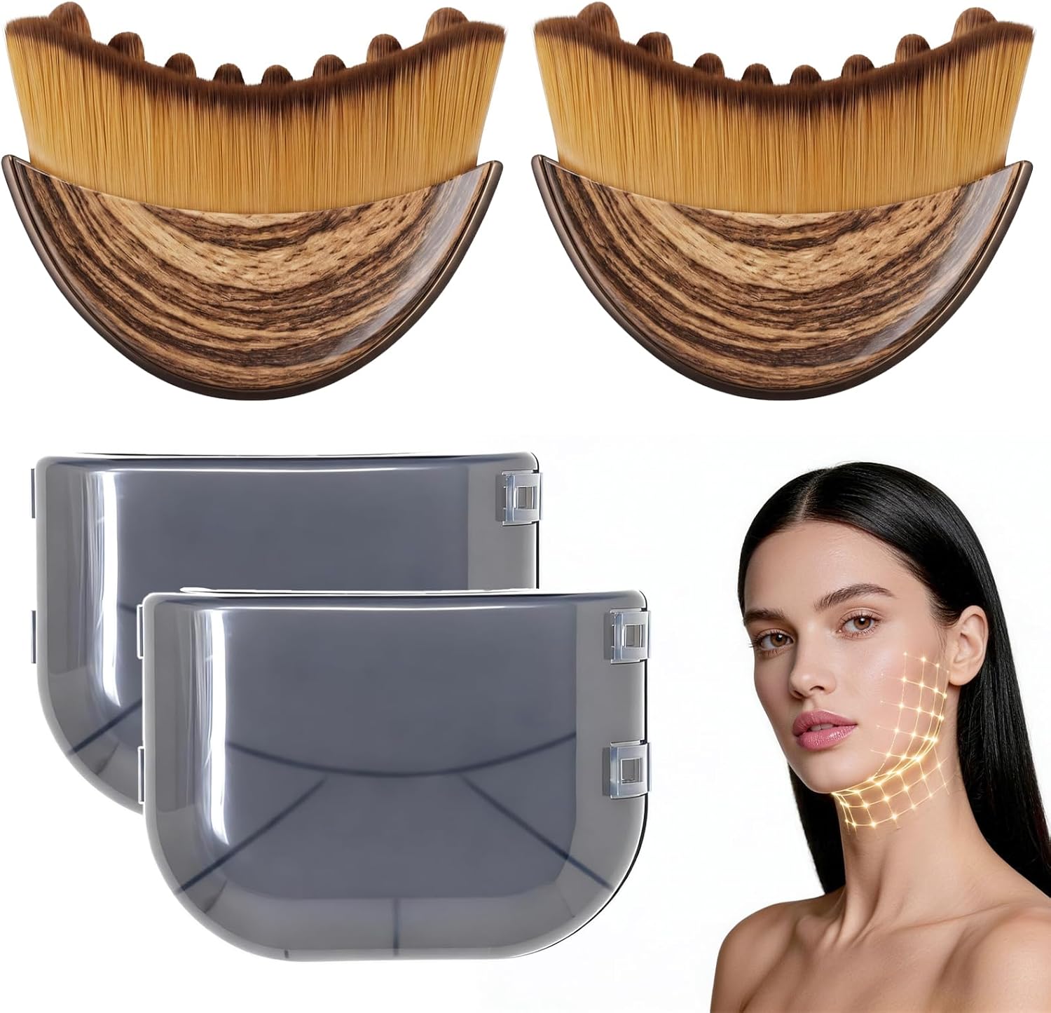 Lymphatic Contour Face Brush Set (2-Piece) – Super Soft Facial Sculpting Brushes (Beige)
