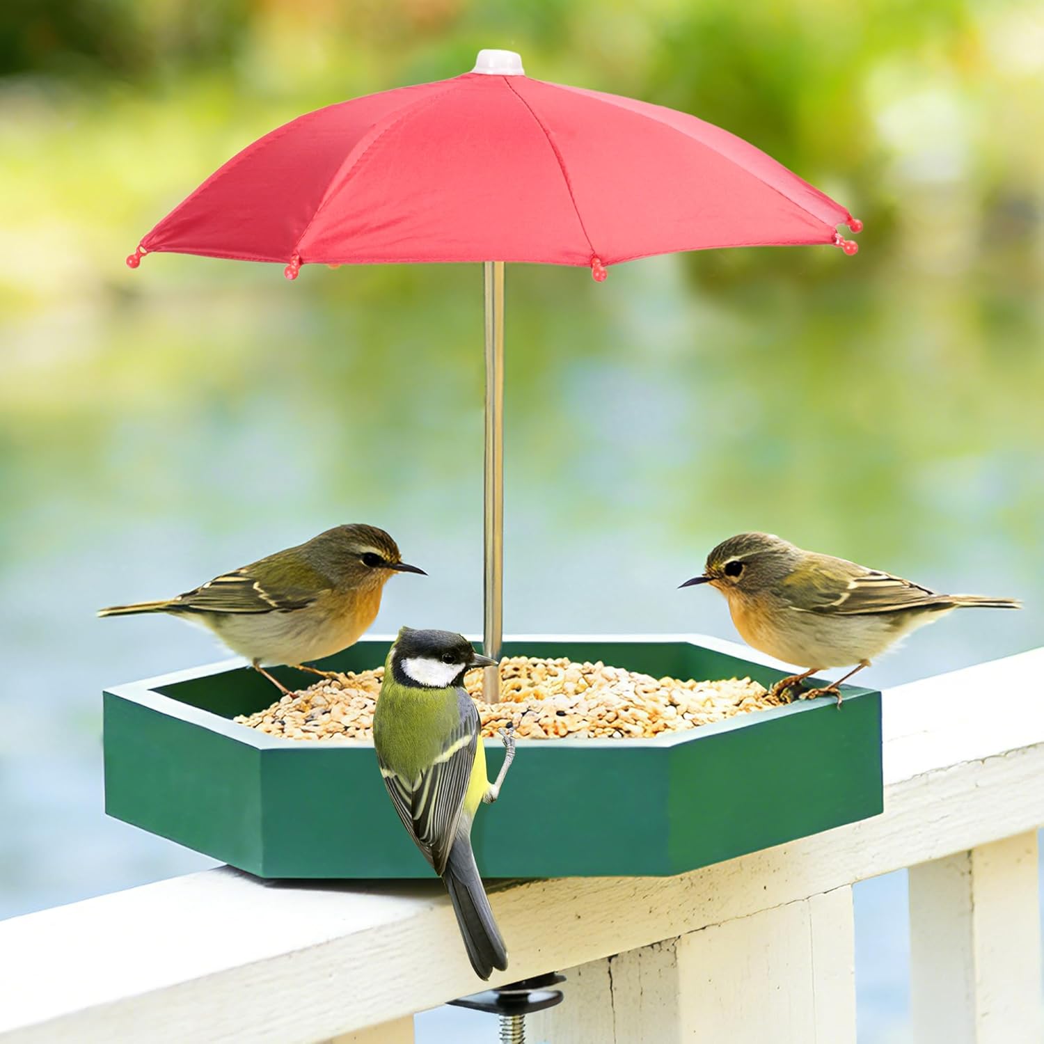 Wooden Railing & Balcony Platform Bird Feeder (Green)
