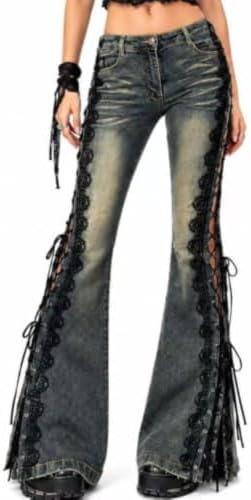Women Y2K Low-Rise Stretch Lace-Up Bell Bottom Flare Jeans