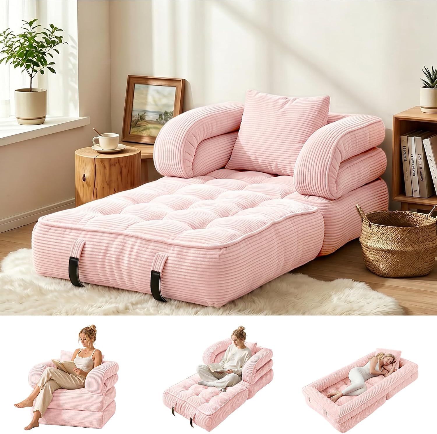3-in-1 Foldable Pink Corduroy Futon