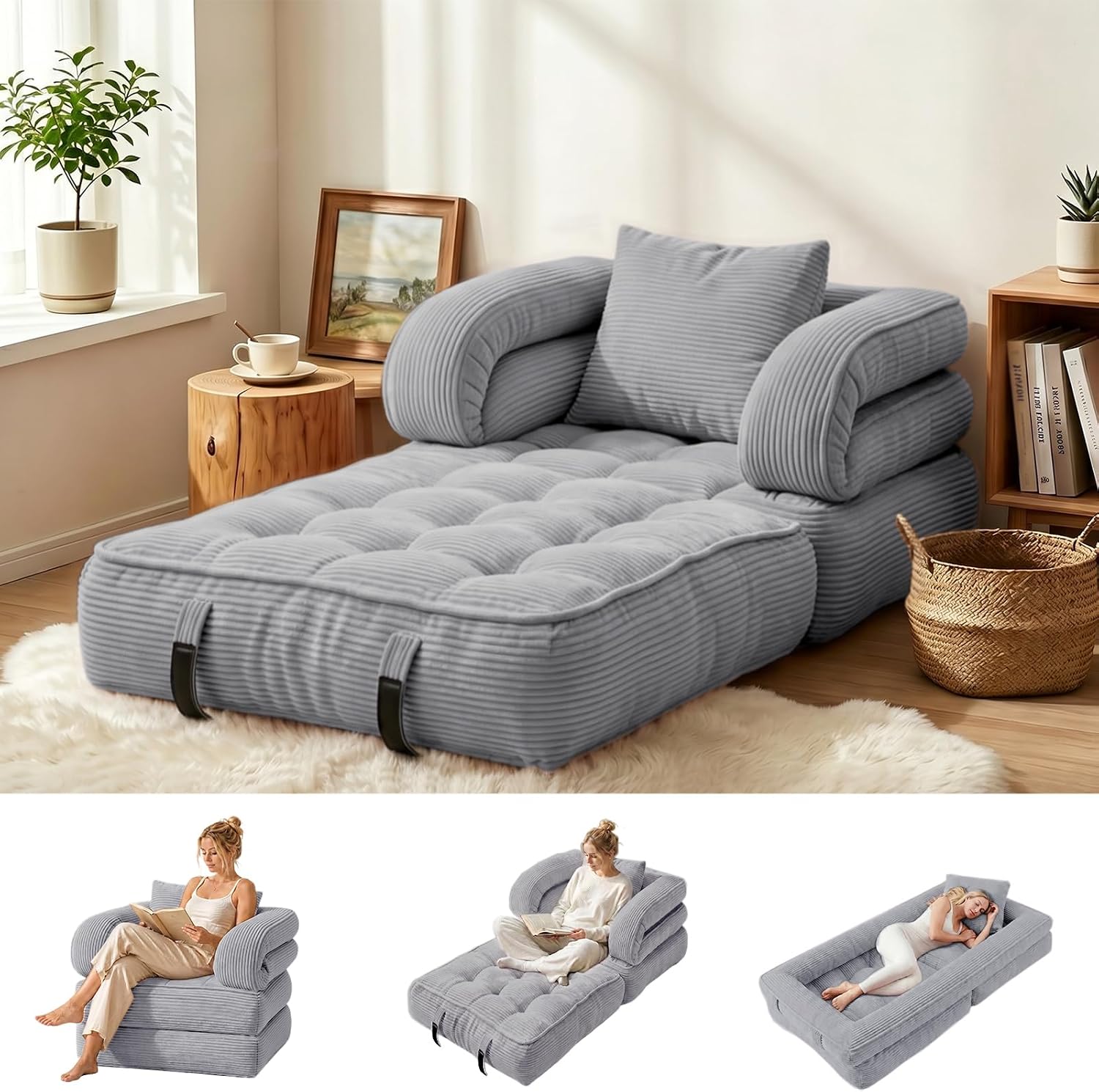 3-in-1 Foldable Gray Corduroy Futon