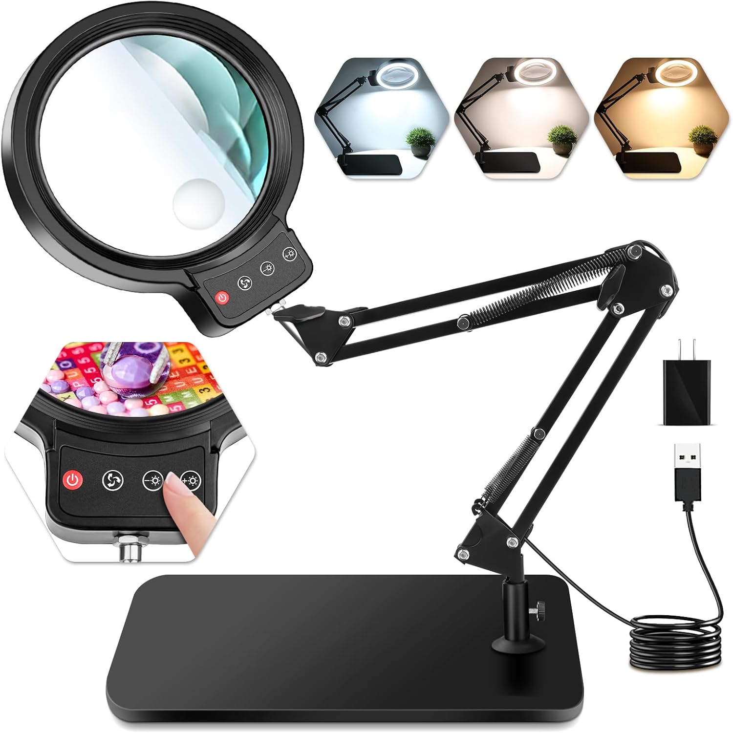 10X 30X Large Hands-Free Desk Magnifying Glass with Light and Stand (Black)