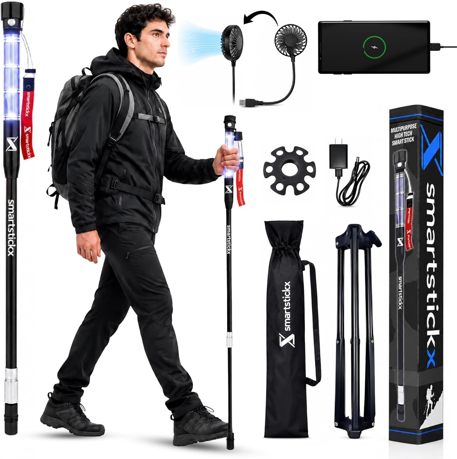 Tactical Walking Stick with Dual LED Light & Emergency Power Bank