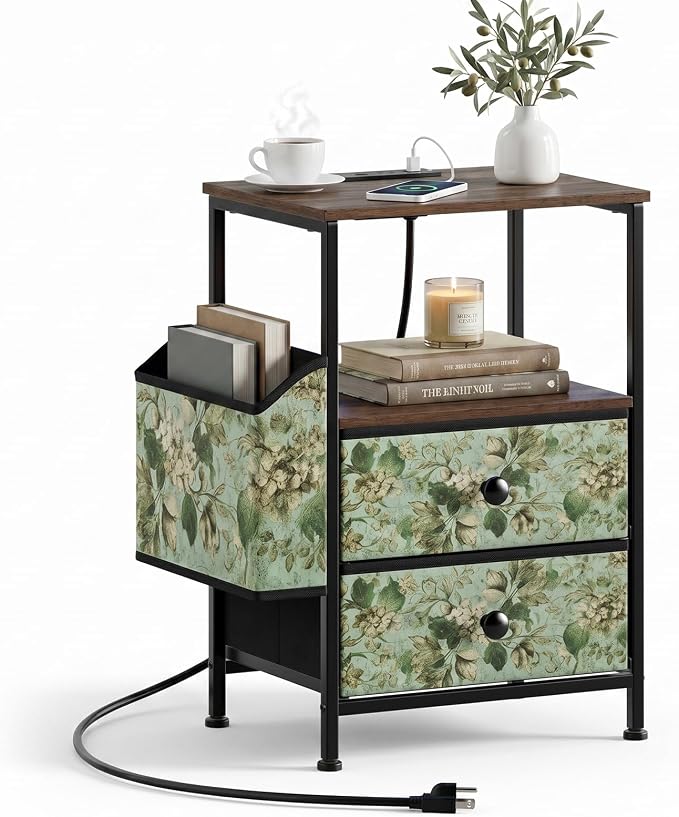 Vintage Floral Nightstand with Charging Station & LED Light Strip