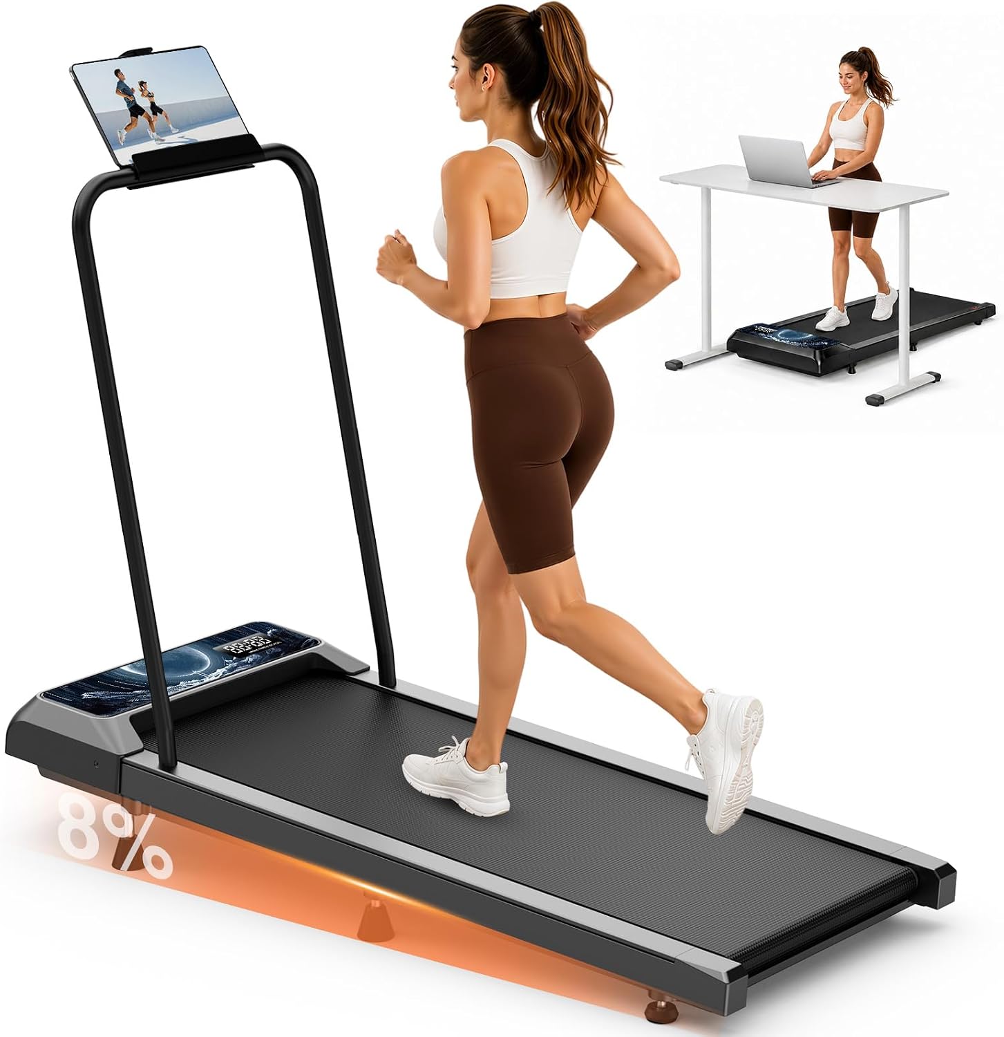 Walking Treadmill Pad with Adjustable 8% Incline & Handlebar