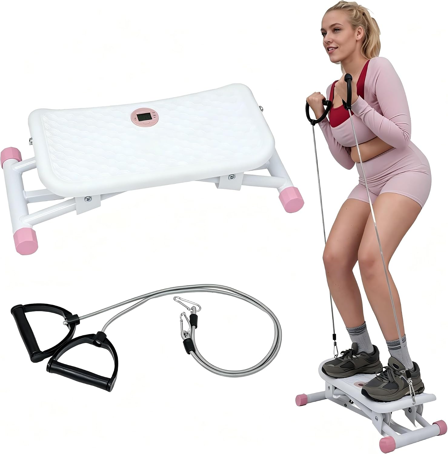 3-in-1 Ski Stepper Exercise Machine with Resistance Bands (Pink & White)