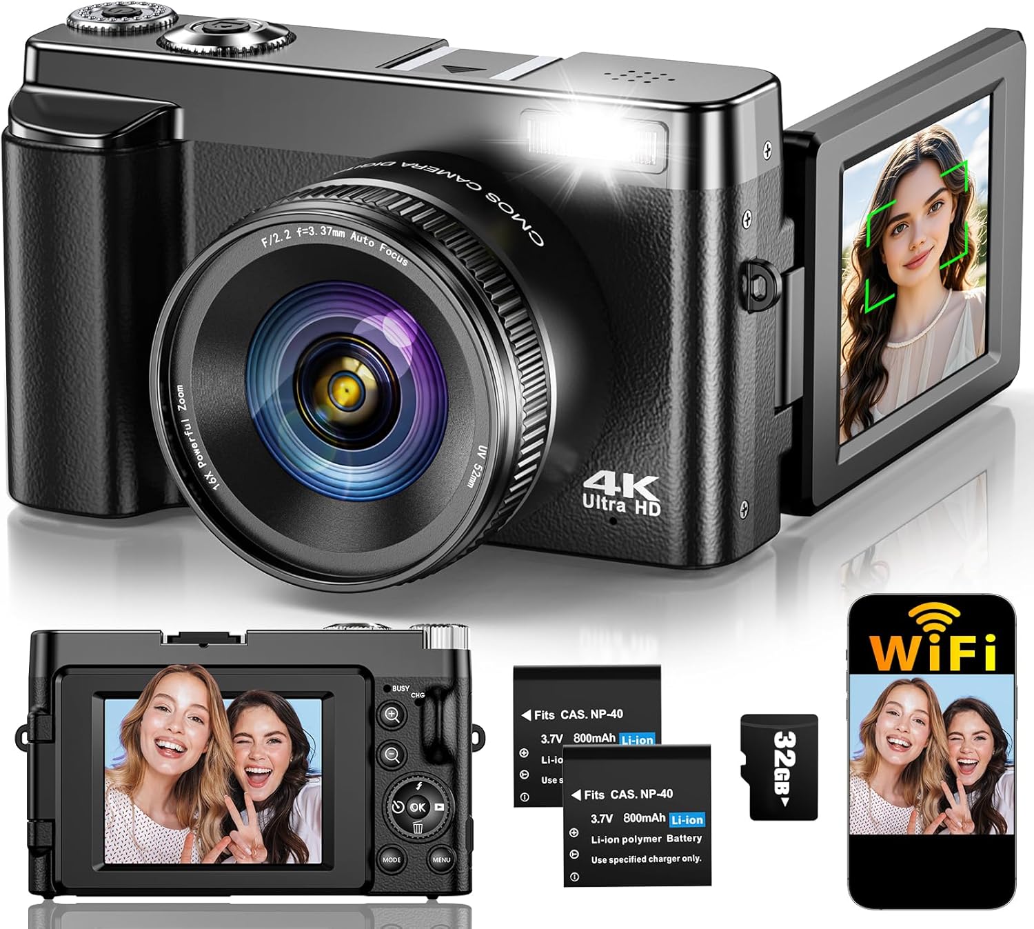 4K 64MP WiFi Vlogging Digital Camera with Autofocus