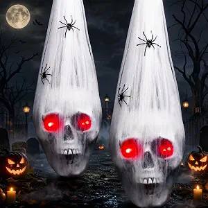 Halloween Hanging Skull Outdoor Decorations — 2 PCS Skeleton Decor with Glowing Red LED Eyes & Spiders
