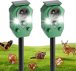 Solar Powered Ultrasonic Outdoor Animal Repeller with Motion & LED Strobe Lights (2-Pack)