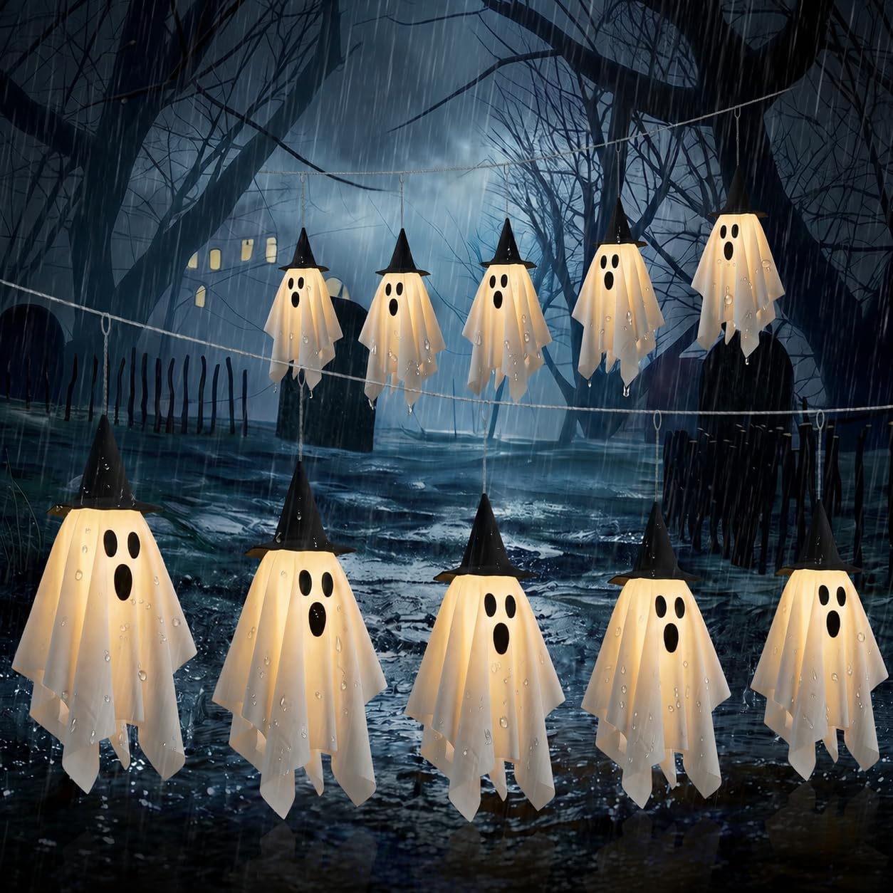 12.5 FT Halloween Ghost String Lights with Glowing Witch Hats