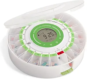 LiveFine Automatic Pill Dispenser with Removable Cups, 9 Dosage Rings & Frosted Lid